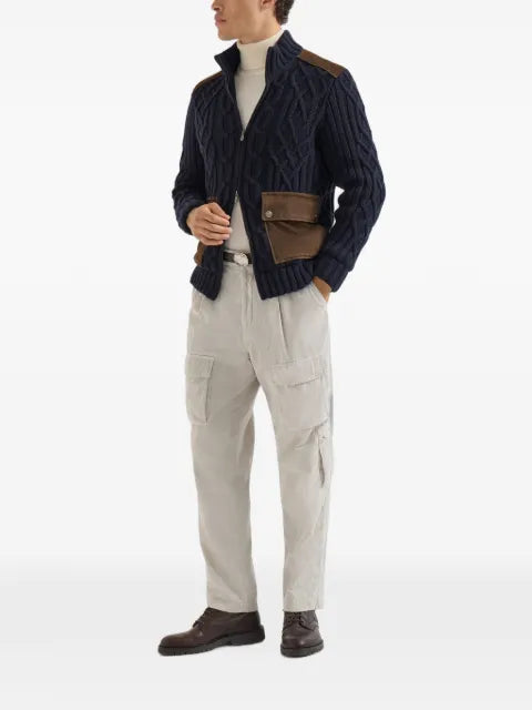 Brunello Cucinelli cable-knit cardigan in cashmere feather yarn with suede inserts
