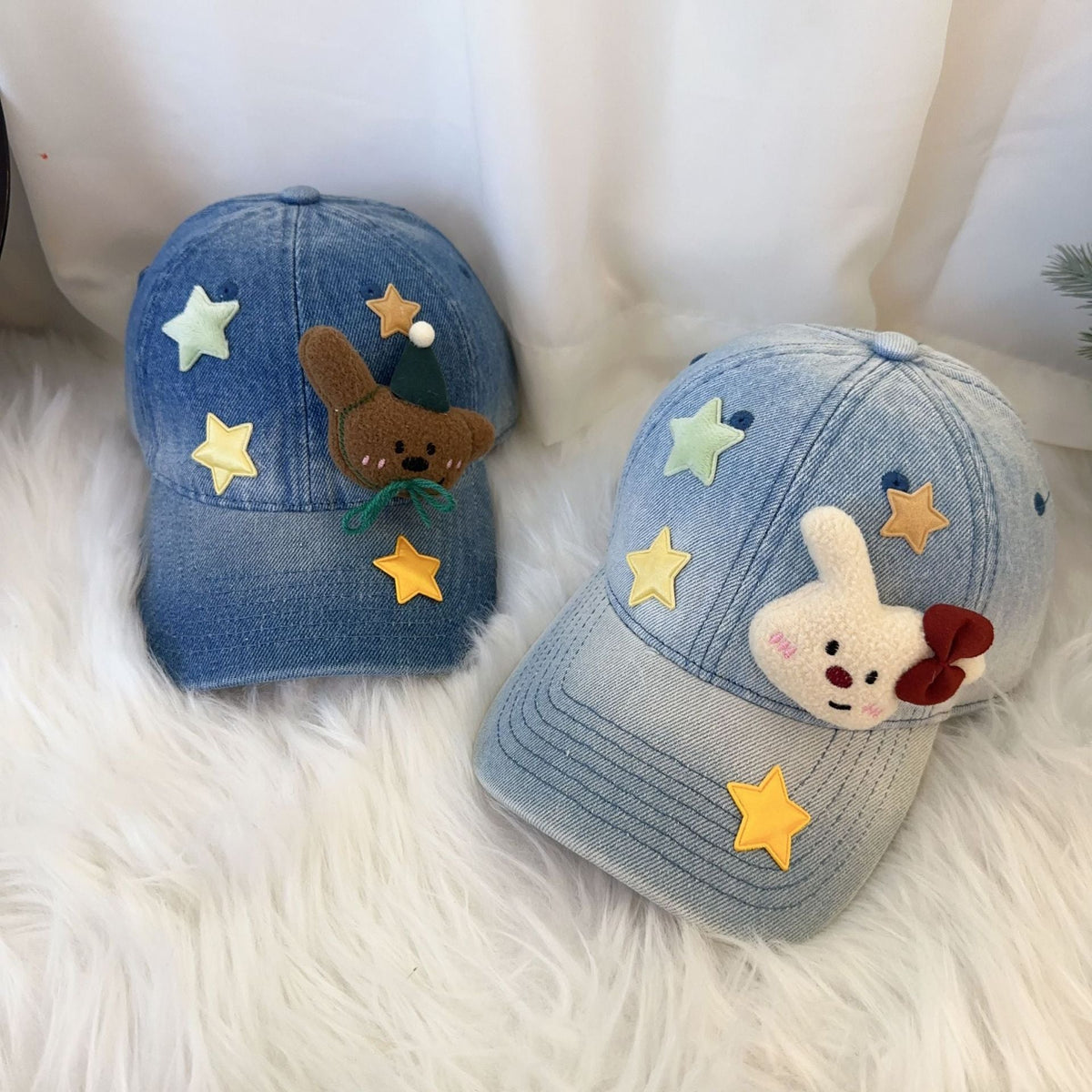 Washed Denim 3D Cartoon Plush Star Baseball Cap Y2K Casual Hat