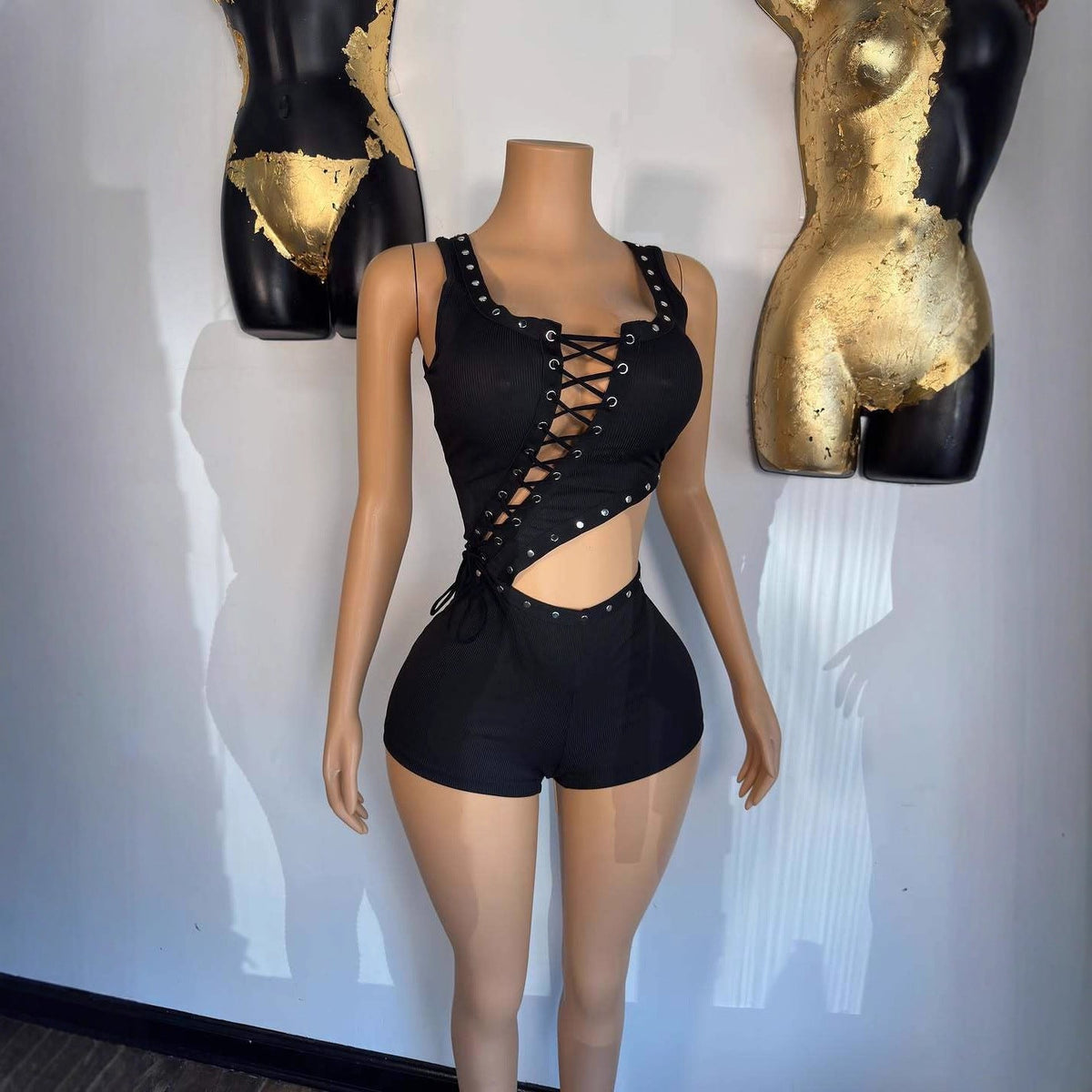Eyelet Lace Up Cutout Sleeveless Romper Shorts