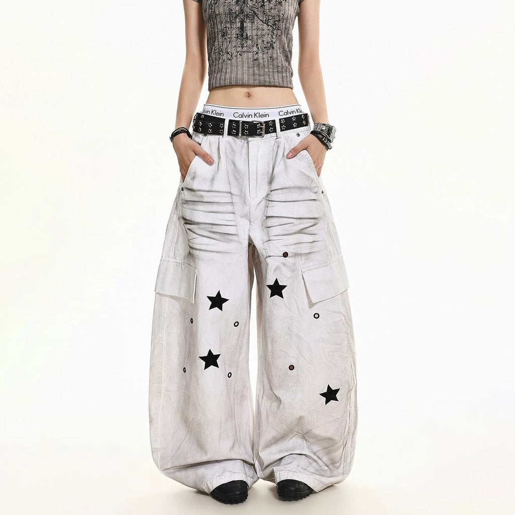 Y2K Vintage Big‑Pocket Curved Baggy Wide‑Leg Jeans Streetwear