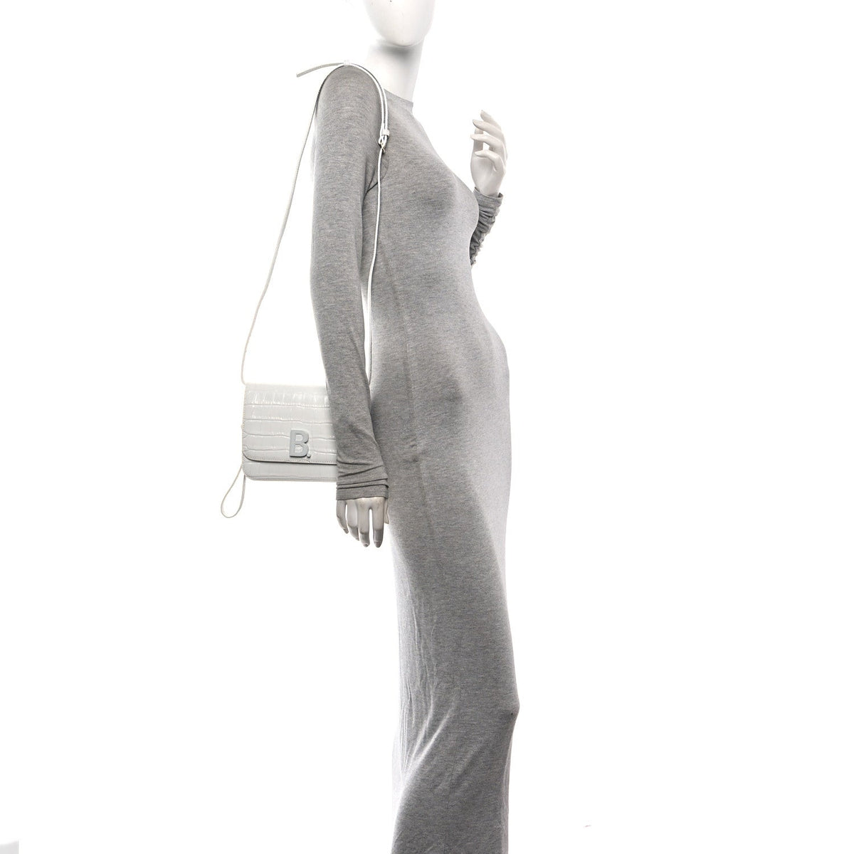Shiny Calfskin Crocodile Embossed Small B Bag White