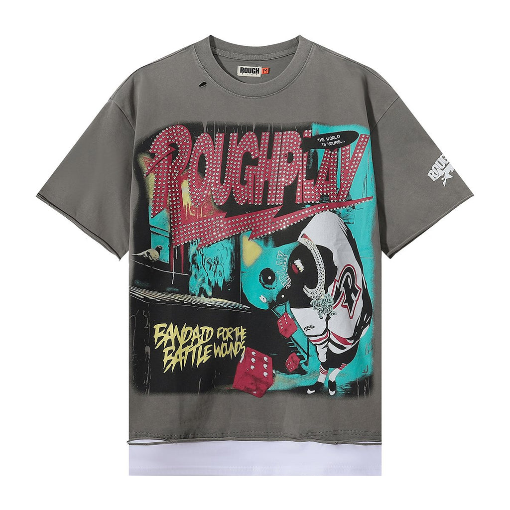 Rough Play Green Mask Dice Rhinestone Graphic T-Shirt