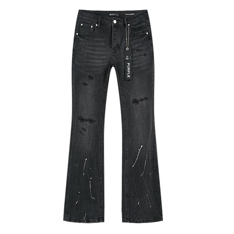 Purple Brand Black Paint-Splatter Distressed Flared Jeans