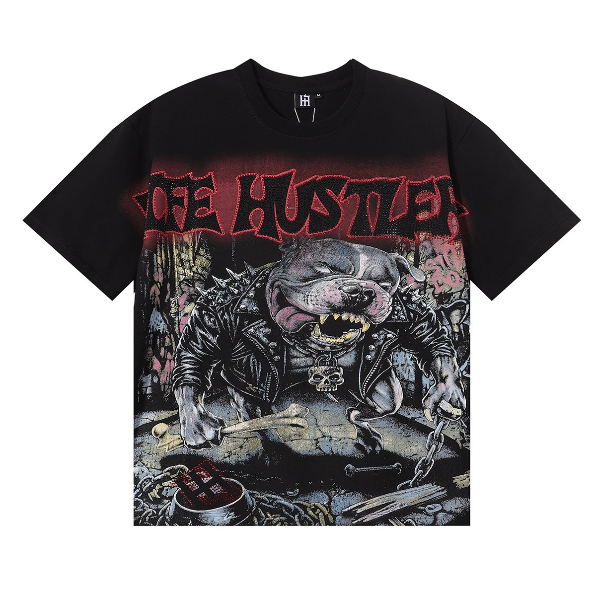 Life Hustlere Angry Pitbull Rhinestone Graphic T-Shirt