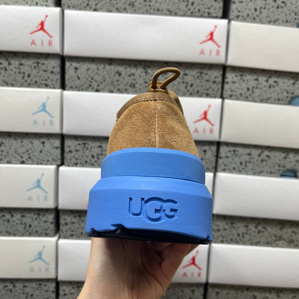 UGG Tasman X Platform Slip-On – Suede Clog with Shearling Lining, Paracord Toggle & Bold Blue Chunky Platform Sole in Chestnut