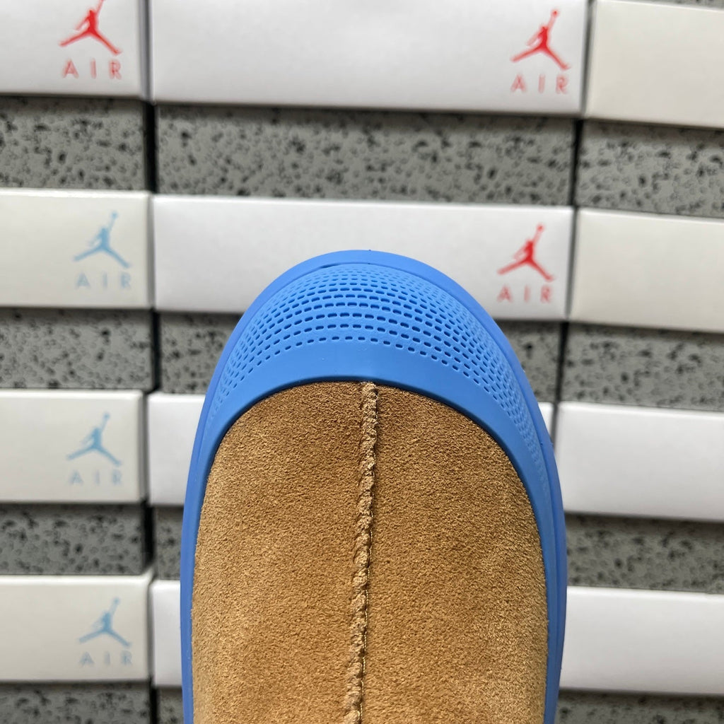 UGG Tasman X Platform Slip-On – Suede Clog with Shearling Lining, Paracord Toggle & Bold Blue Chunky Platform Sole in Chestnut