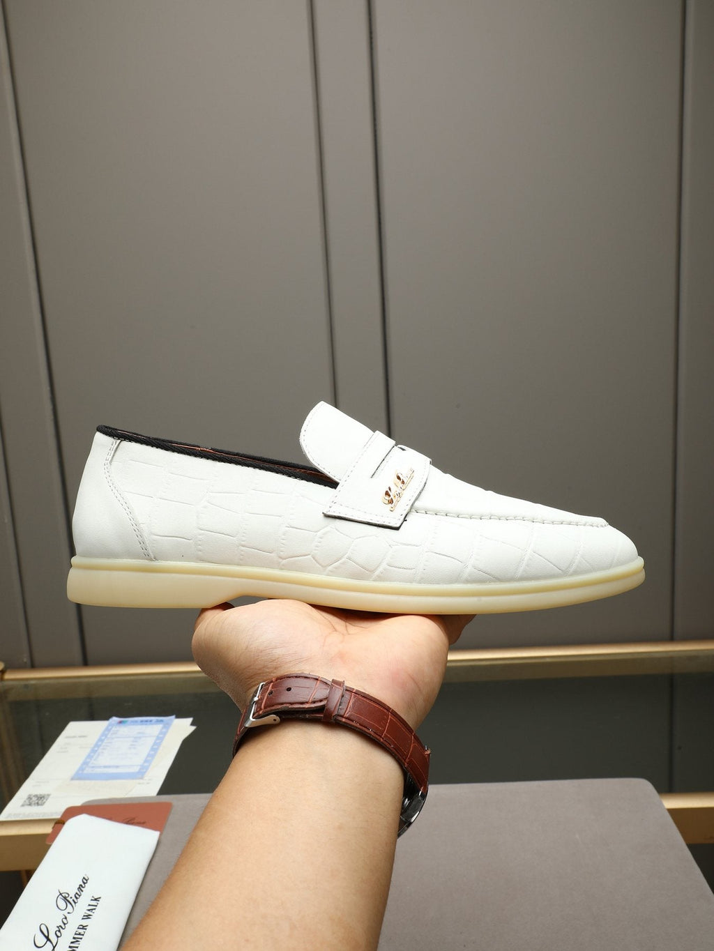 Loro Piana Men's White Textured Loafers