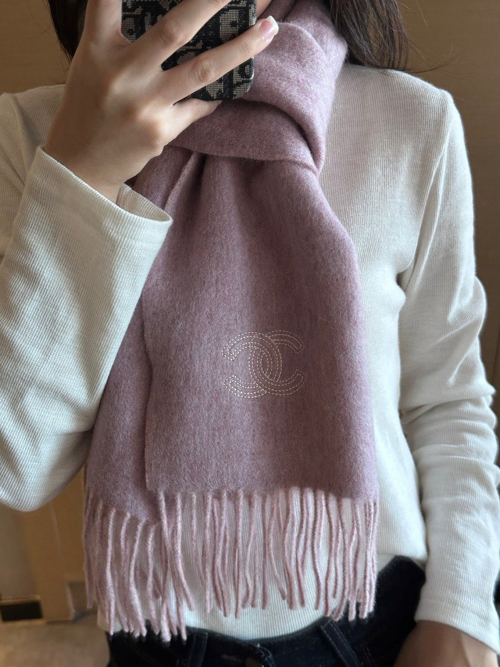 Chanel Fringed Logo Scarf