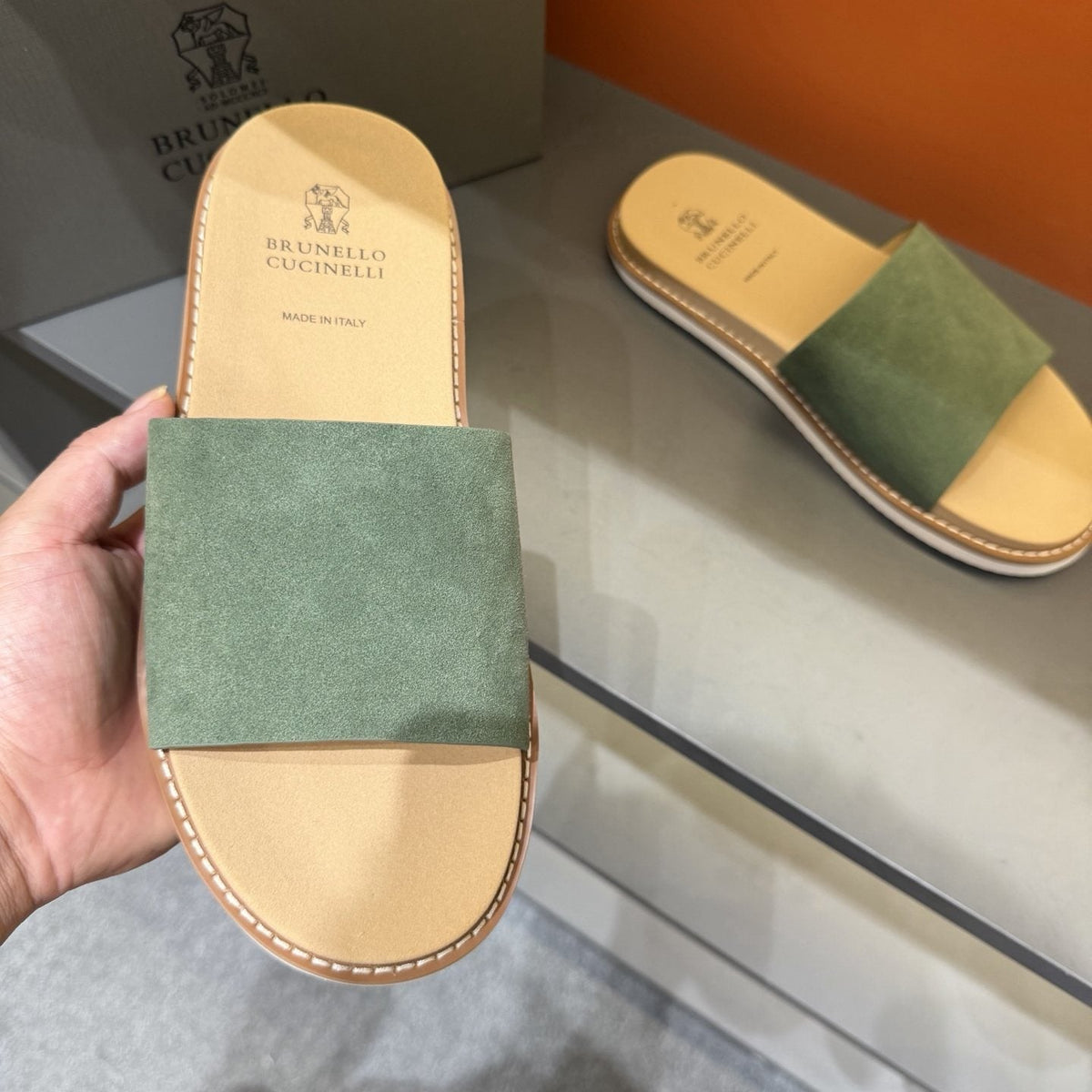 Brunello Cucinelli Men's Sage Green Slide Sandals