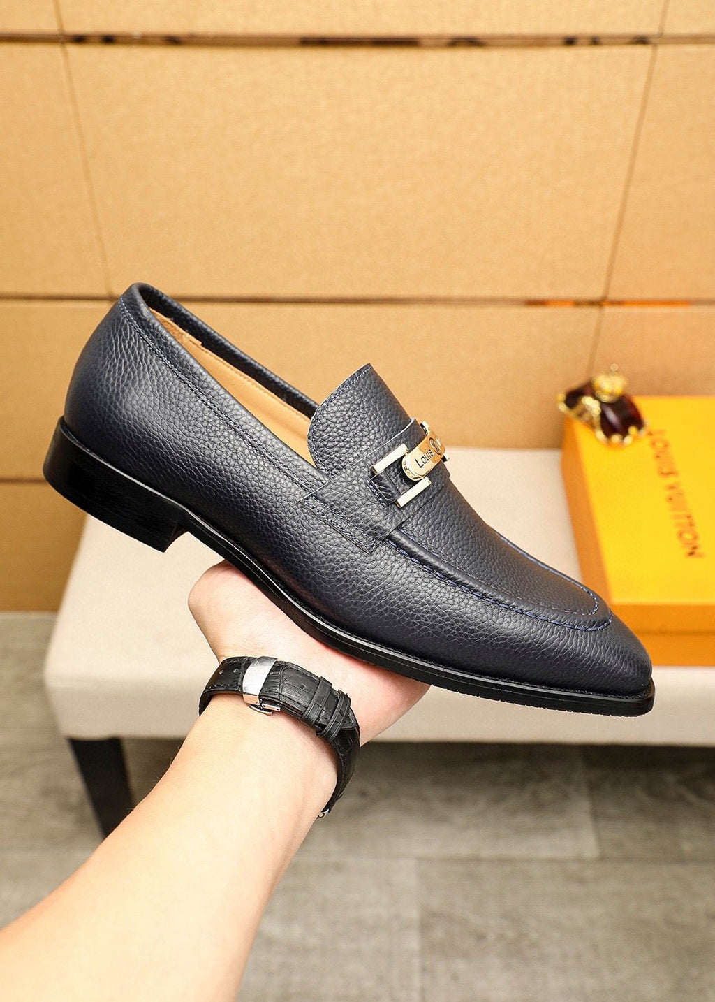 Louis Vuitton Black Pebbled Bar Loafers