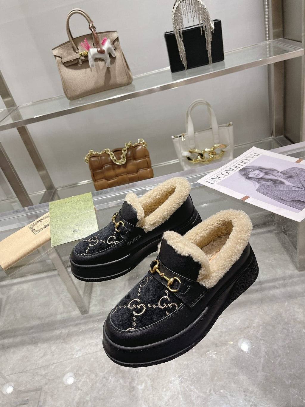 Gucci Patterned Plush-Lined Platform Slip-On Shoes