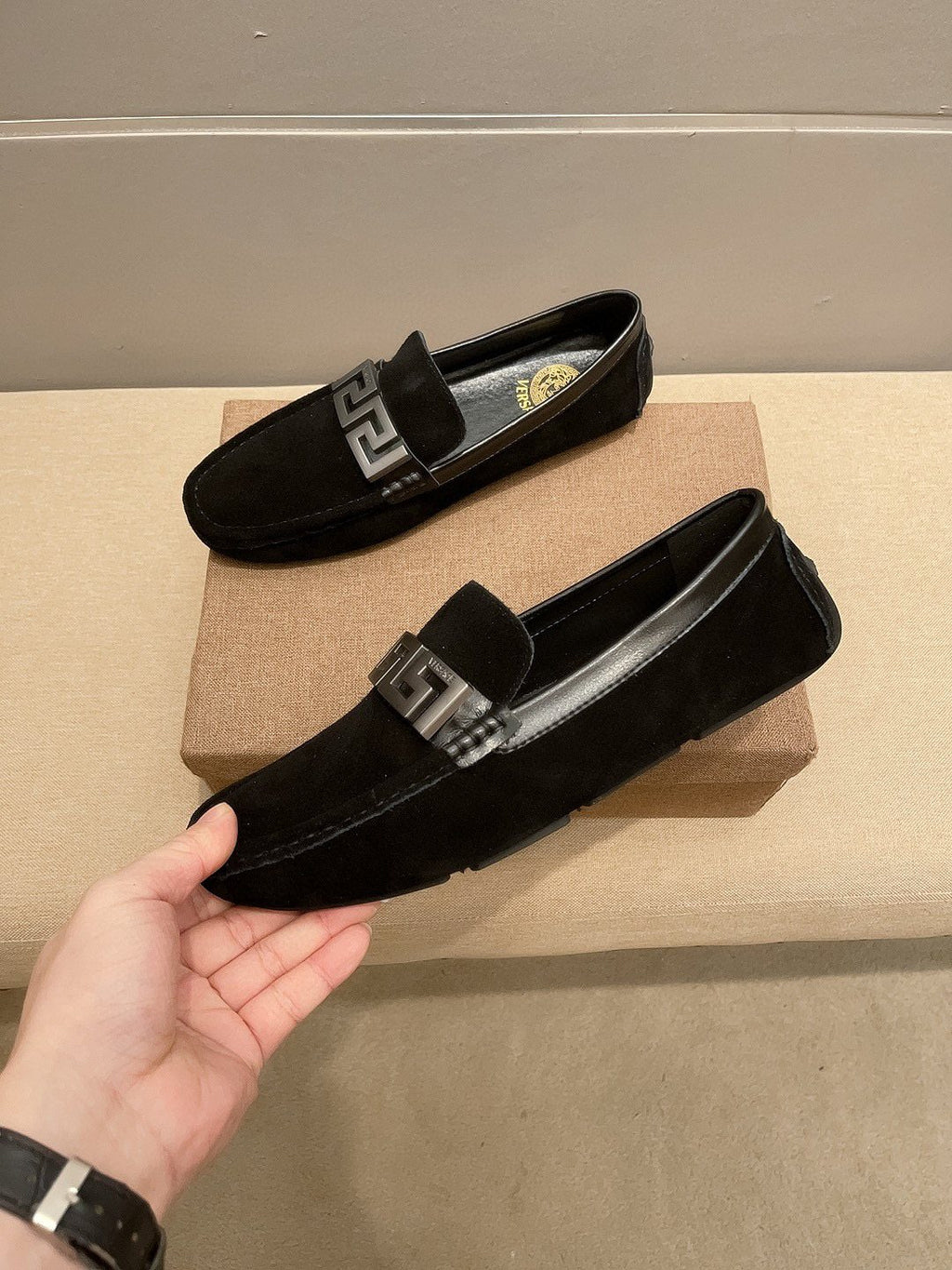 Versace Men's Geometric Buckle Loafers